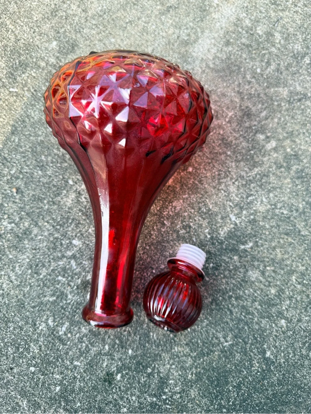 Vintage Red diamond cut Glass Decanter Bottle with Stopper